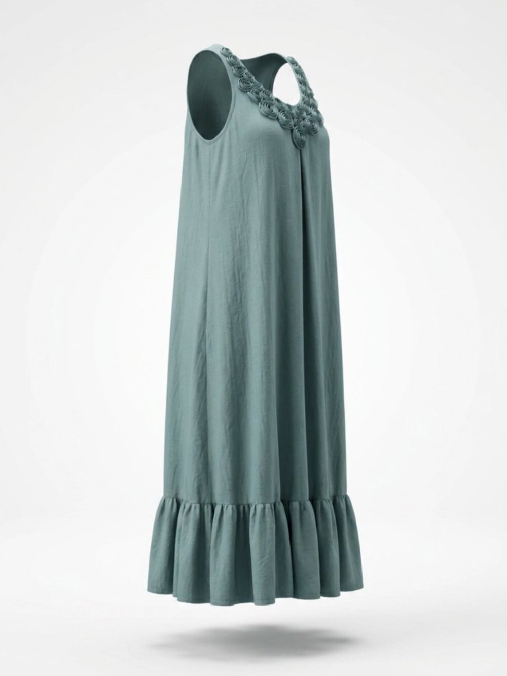 Seafoam Blue Boho Rosette Neckline Sleeveless Nightgown / Lounge Dress